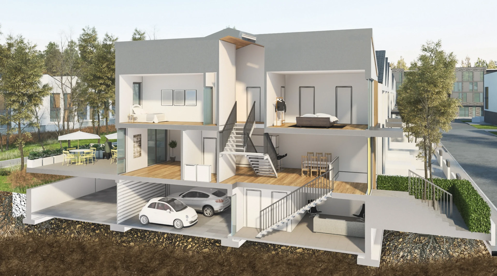 Sectional cutaway of the Park Townhome showing parking beneath the raised patio deck.