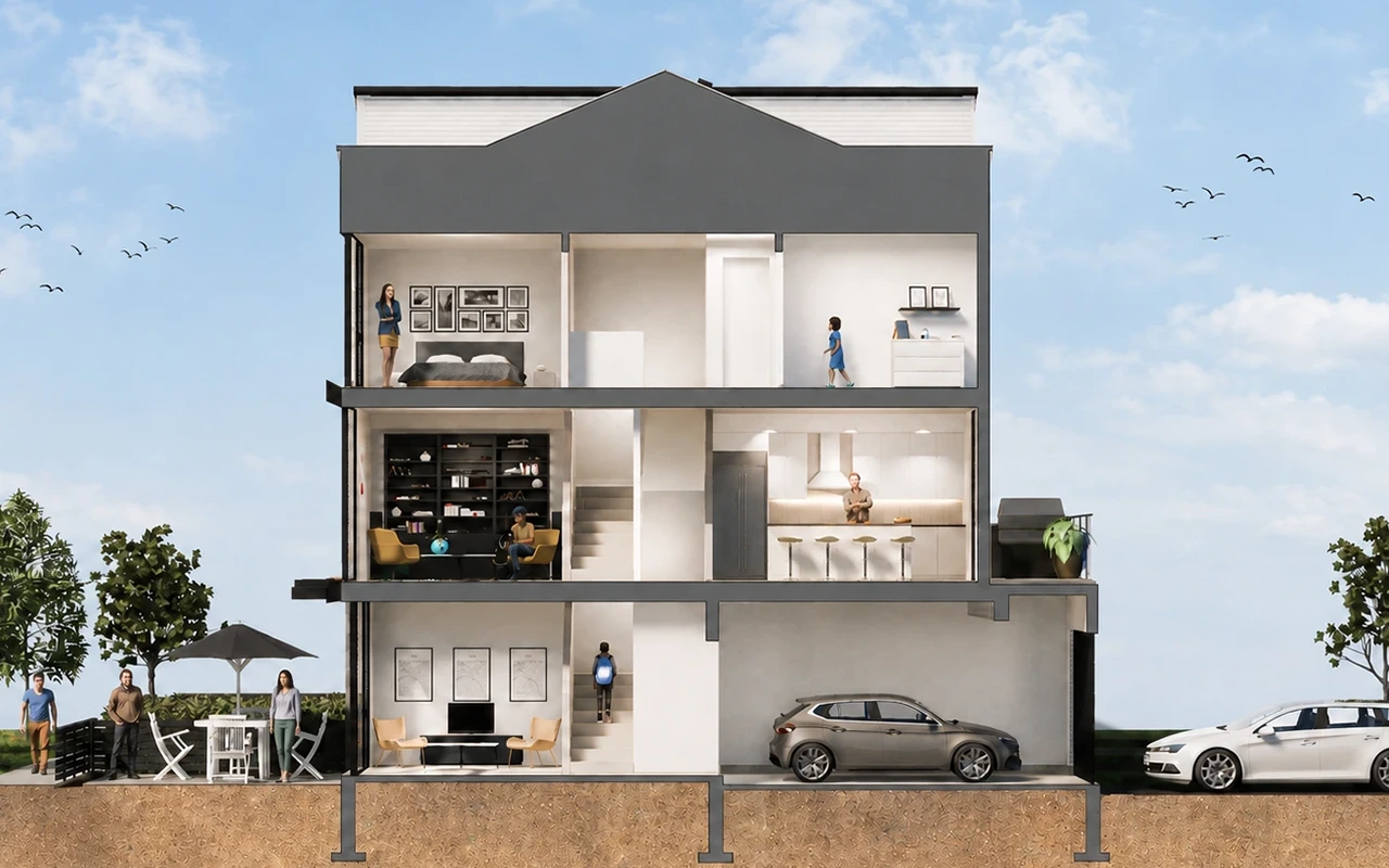 Terrace Townhome, three storeys, with a ground-level terrace.