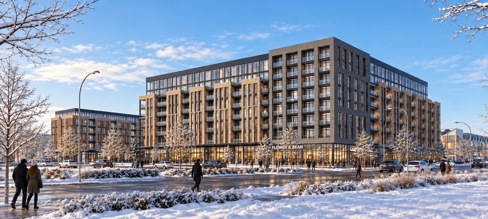 Phase 2 corner building in winter, with ground-floor retail and residential floors above.