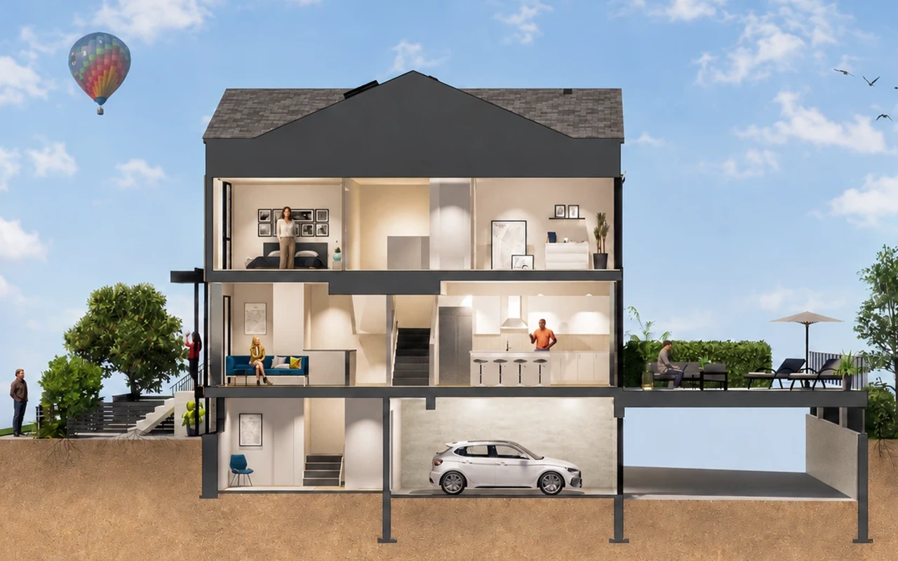 Park Townhome, two and a half storeys, with a raised patio deck.