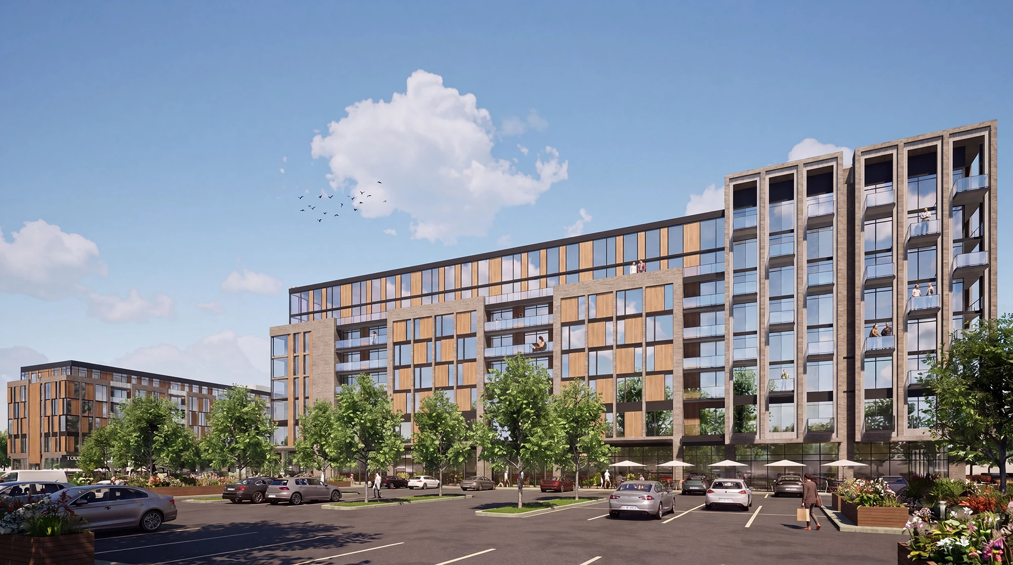 Artist interpretation of Block 1 from the parking area at the corner
