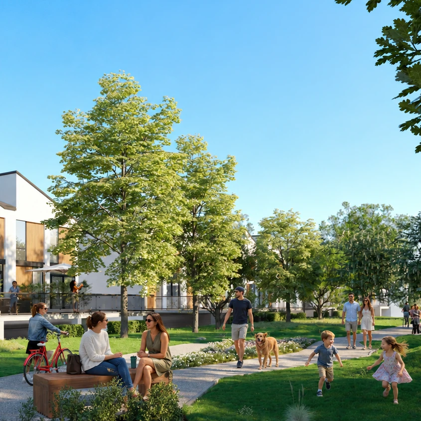 Residents walking, cycling and sitting on the shared green at Unity Square.
