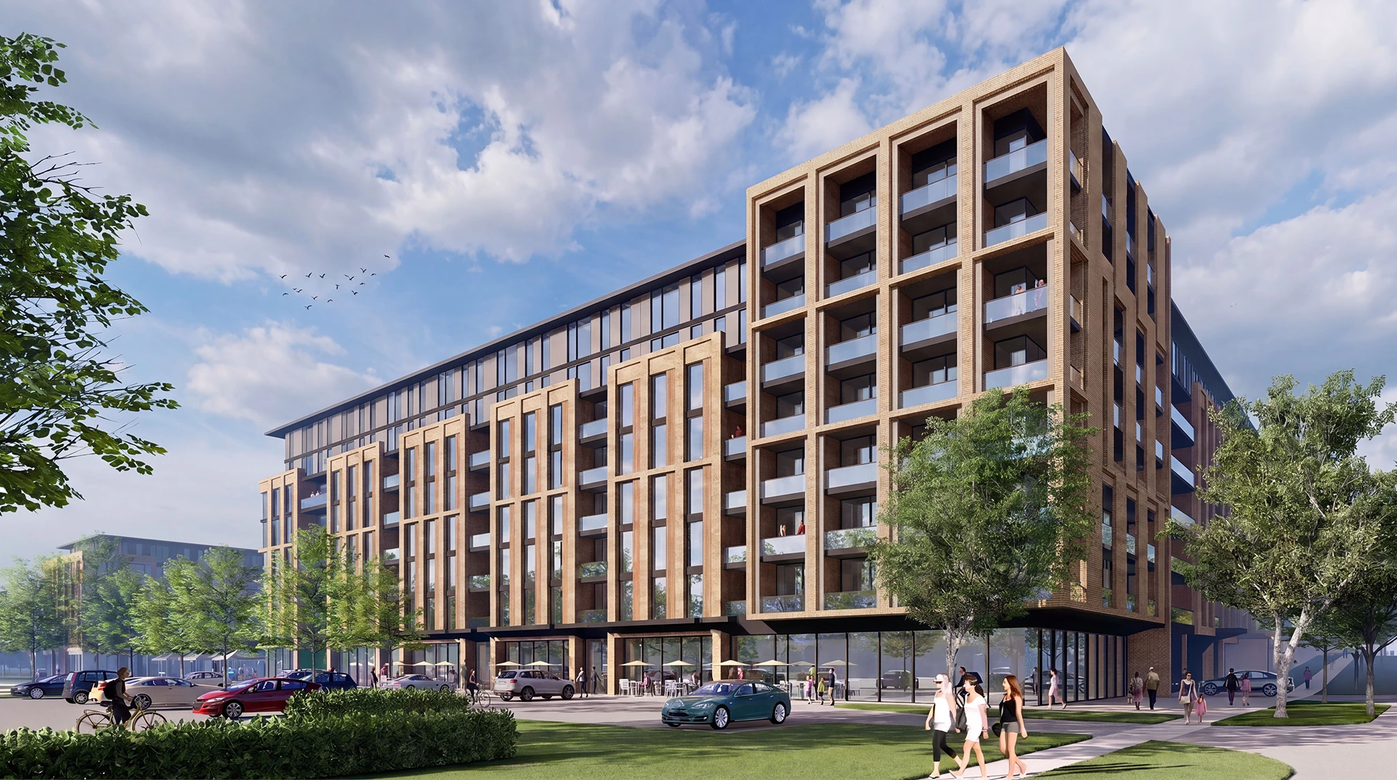 Artist interpretation of the corner of Building A at the Tunks Lane entrance