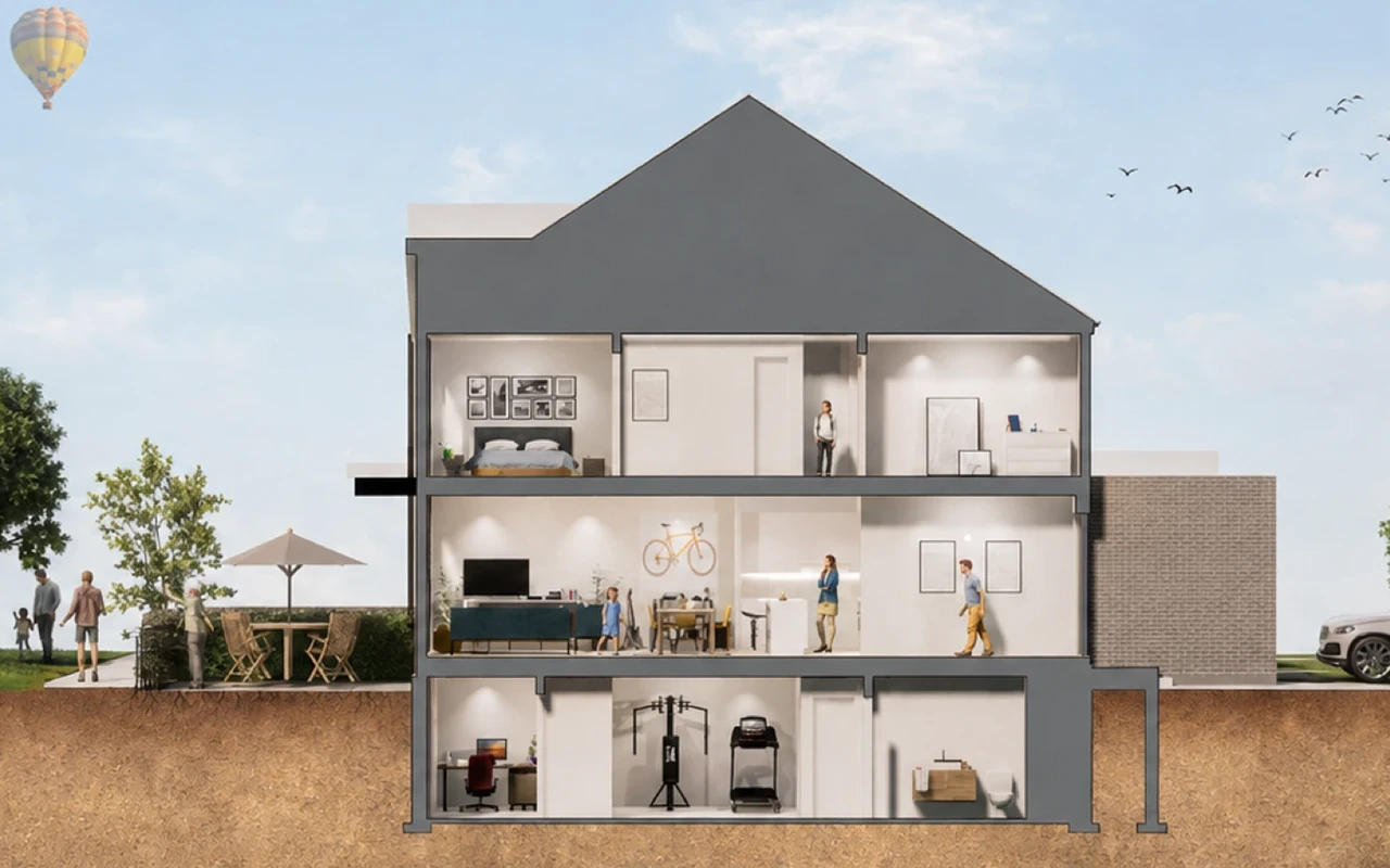 Garden Townhome, two storeys, facing the shared green.