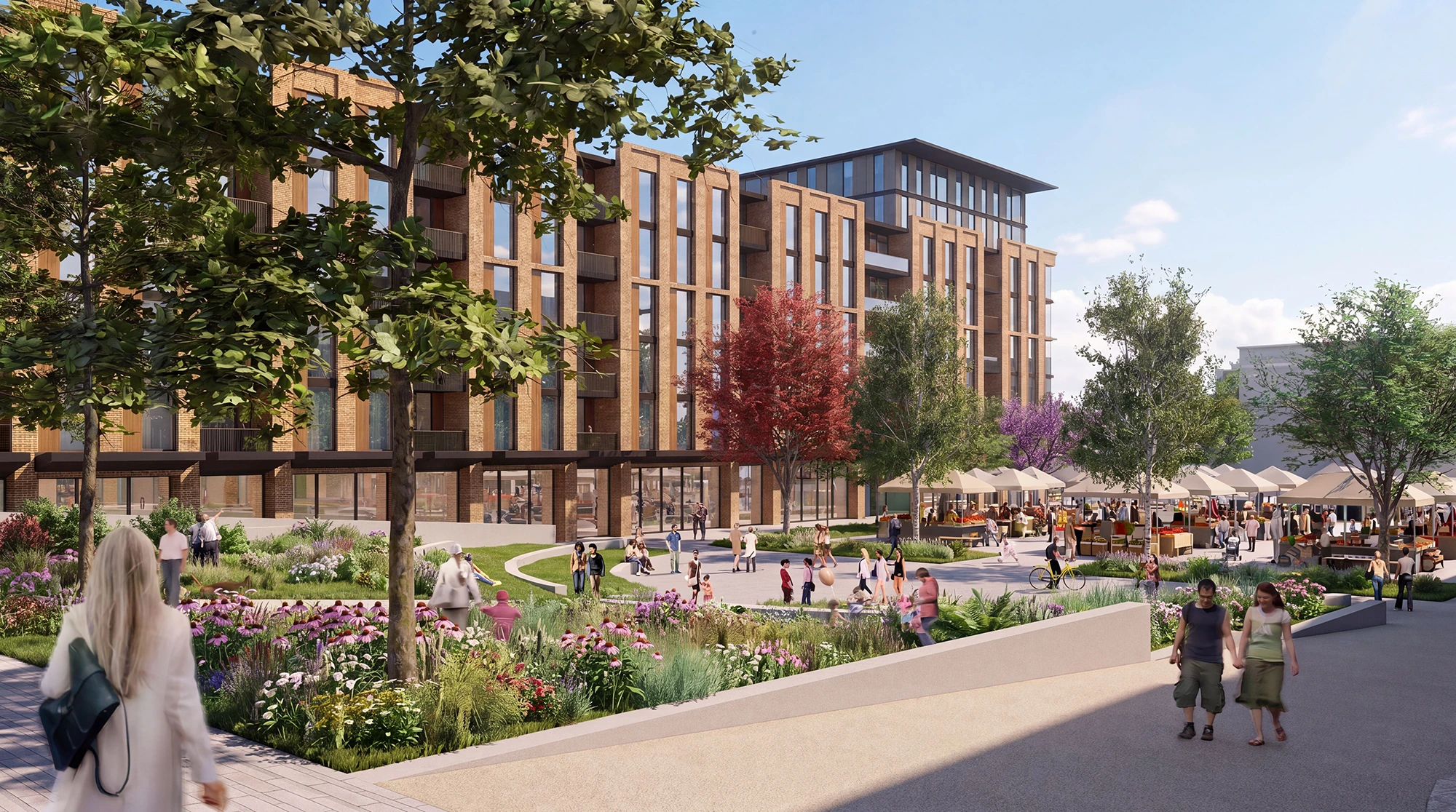 Artist interpretation of Building 1 and the market square from the civic square
