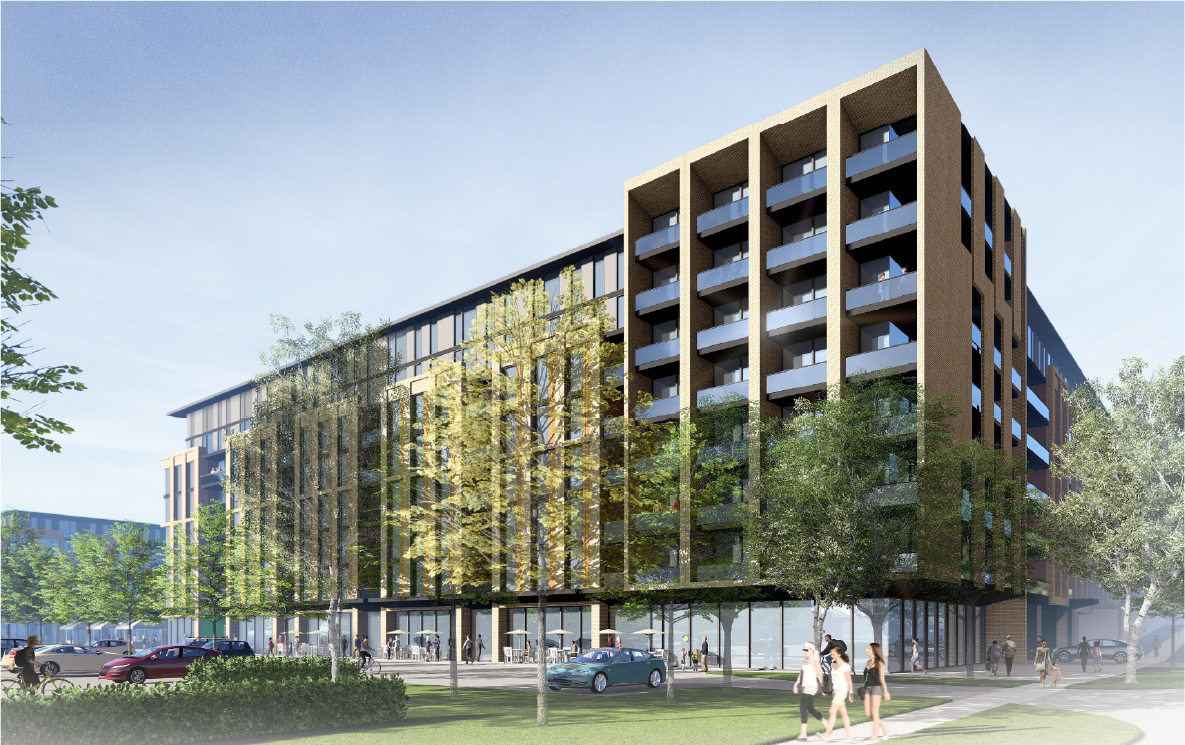 Artist interpretation of the corner of Building A at the Tunks Lane entrance