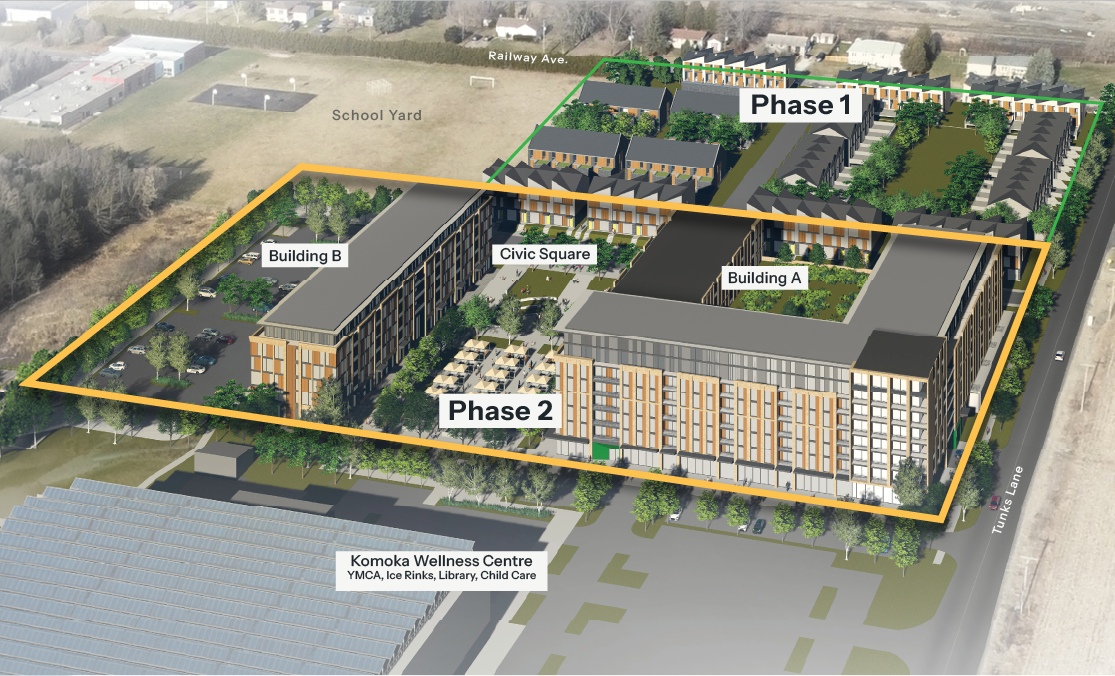 Labelled aerial site plan of Unity Square showing Phase 1 and Phase 2