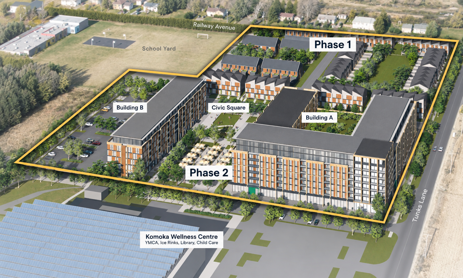 Aerial rendering of the Unity Square master plan, with Phase 1 townhomes to the north, Phase 2 mid-rise buildings and civic square to the south, and the Komoka Wellness Centre below.