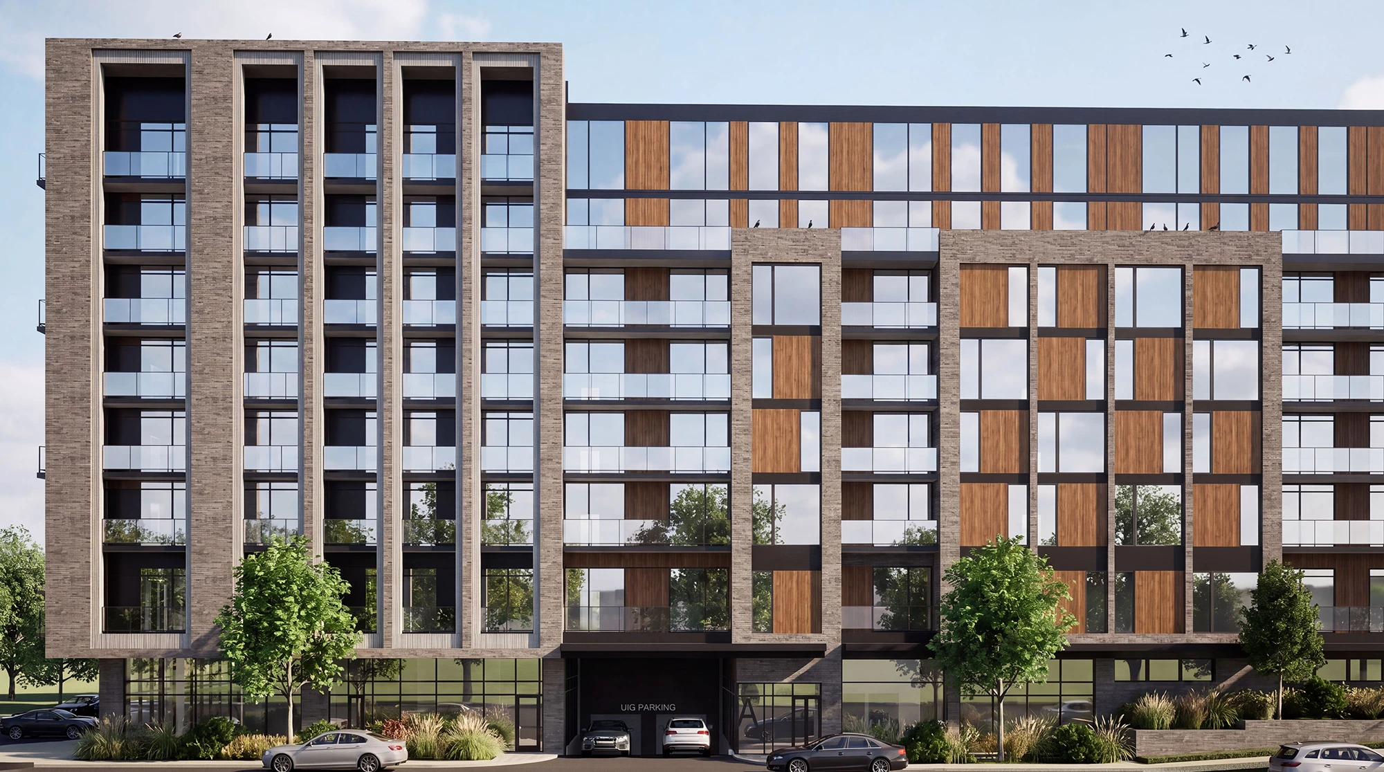 Artist interpretation of the street-level facade of Buildings A and B