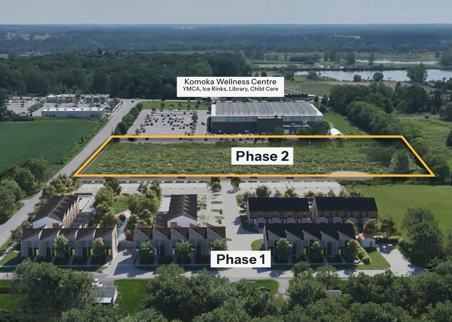 Aerial rendering of the Phase 2 lands at Unity Square, an open parcel between the Phase 1 townhomes and the Komoka Wellness Centre.